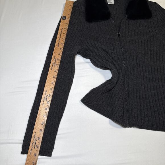 Plaza South Vtg Womens M Ribbed Gray Wool Blend Zip Cardigan Faux Fur Collar EUC - Picture 9 of 14
